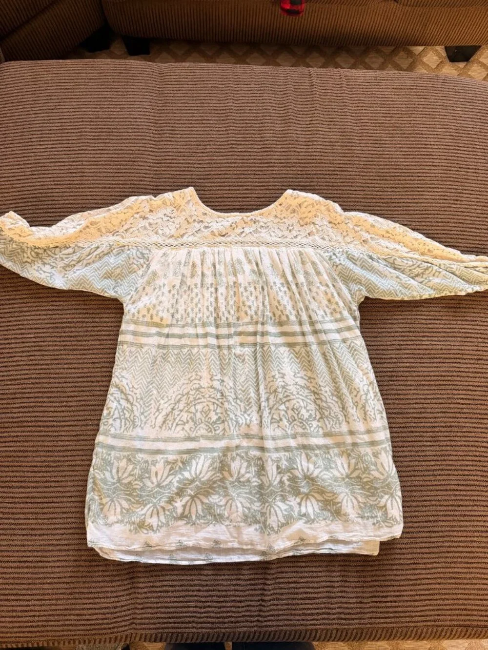 Free People Lace Yoke Tunic Top Sage Green Block Print S